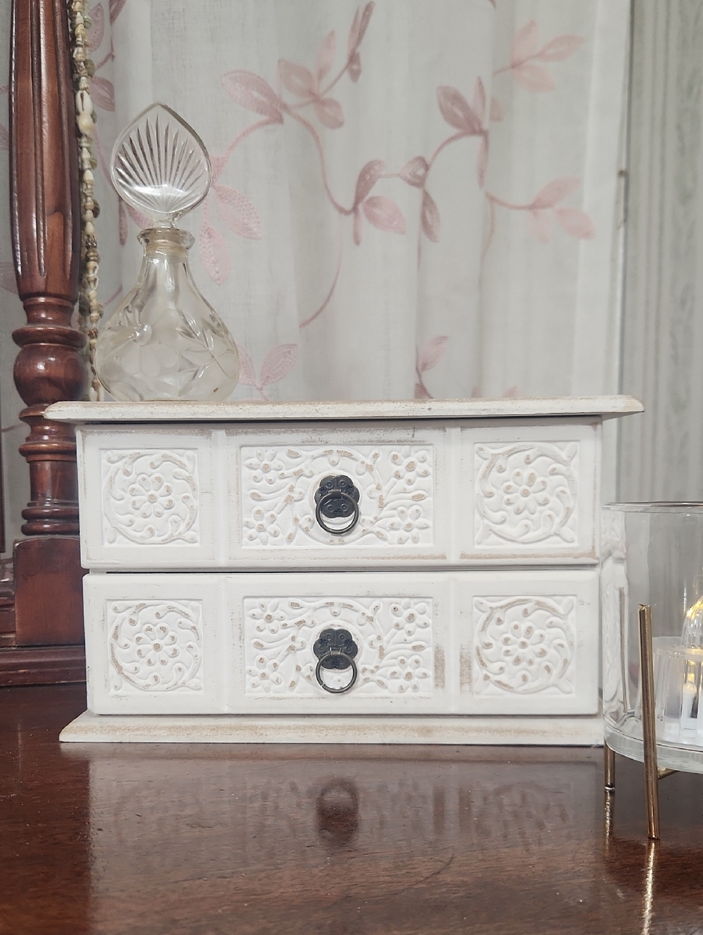 White Carved Wooden Jewelry Box with Drawer Pulls